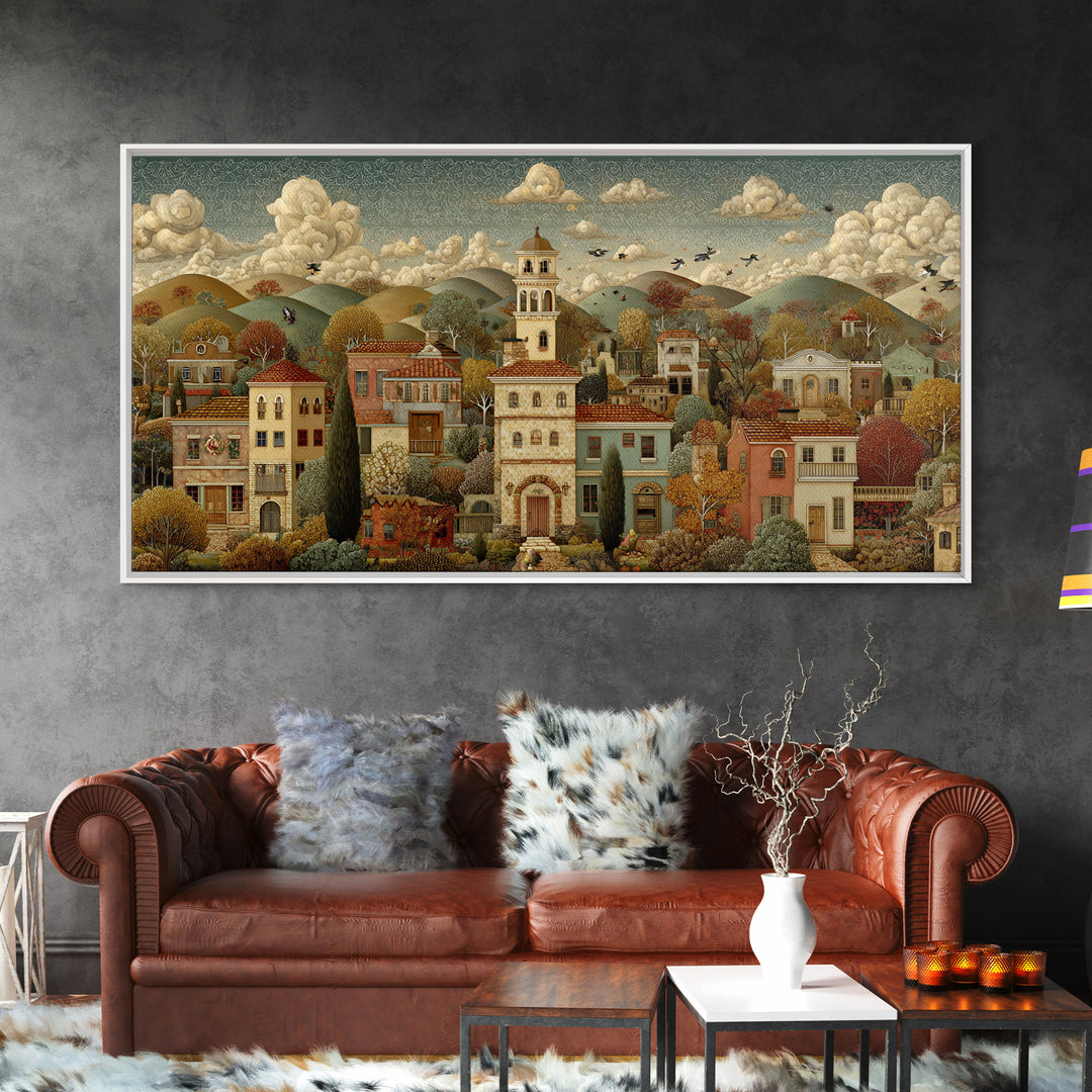 Naive Folk Art Village Framed Canvas Print, Art, Neutral Decor, Living Room Decor, Fine Art, Art Prints, Digital Art, ART-2x1-16