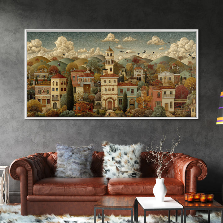 Naive Folk Art Village Framed Canvas Print, Art, Neutral Decor, Living Room Decor, Fine Art, Art Prints, Digital Art, ART-2x1-16