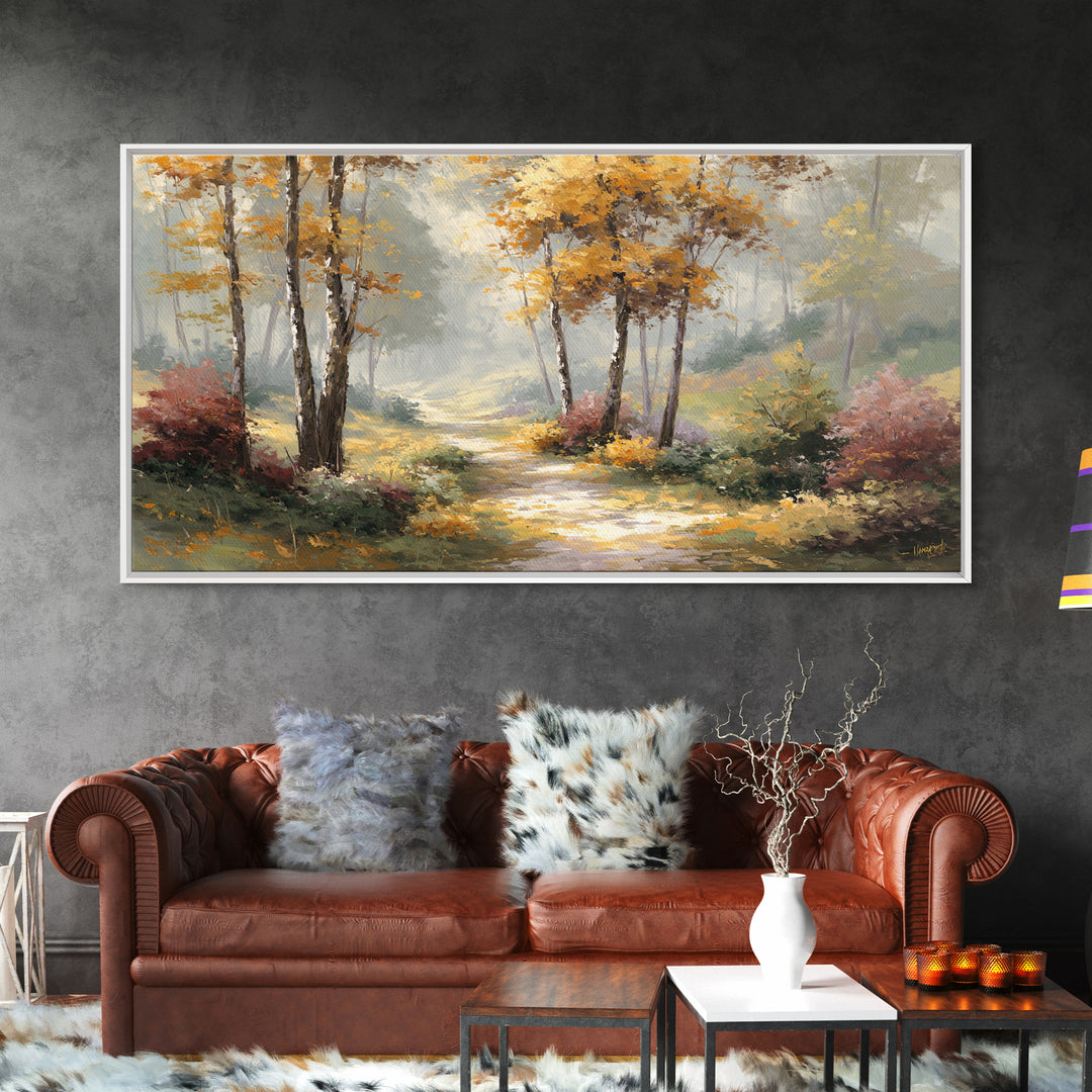 Woodland Path with Golden Autumn Atmosphere Framed Canvas Print, Art, Printable Art, Living Room Decor, Fine Art, ART-2x1-19