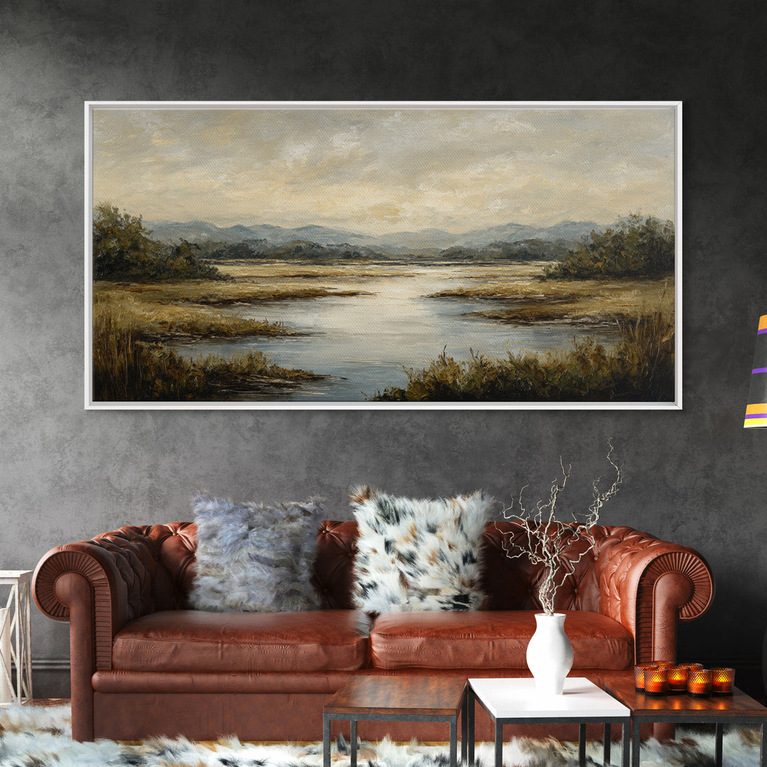 Classic Landscape with Winding River and Atmospheric Framed Canvas Print, Art, Art Print, Living Room Decor, Fine Art, ART-2x1-23