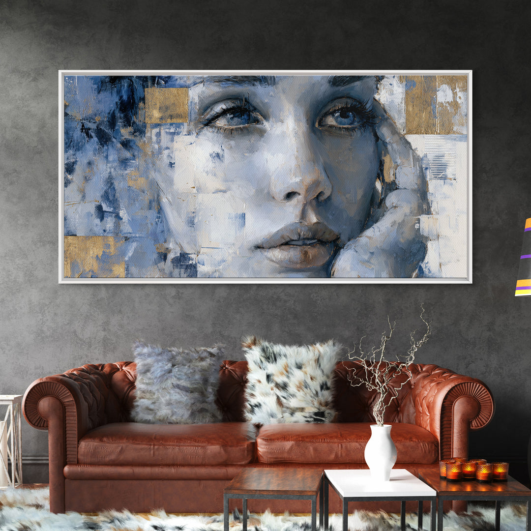 Expressive Portrait with Dramatic Light and Textured Framed Canvas Print, Art, Textured Painting, Living Room Decor, Fine Art, ART-2x1-24