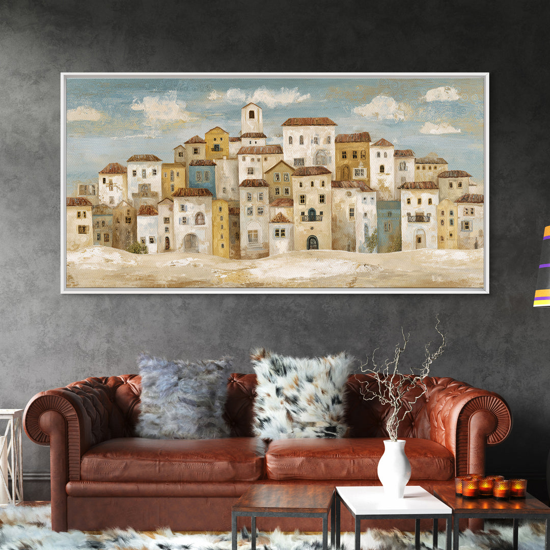 Naive Folk Art Village Framed Canvas Print, Art, Wall Art, Living Room Decor, Fine Art, Original Art, Art Nouveau, ART-2x1-40