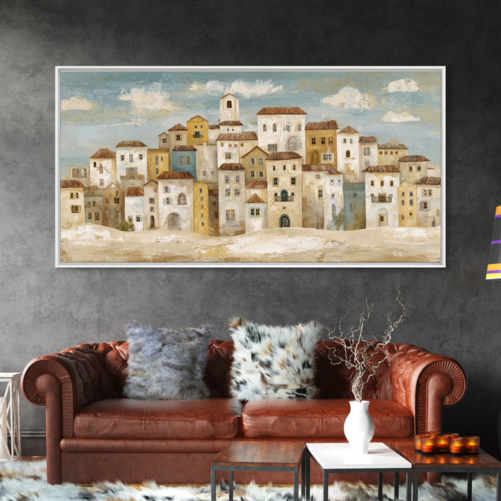 Naive Folk Art Village Framed Canvas Print, Art, Wall Art, Living Room Decor, Fine Art, Original Art, Art Nouveau, ART-2x1-40