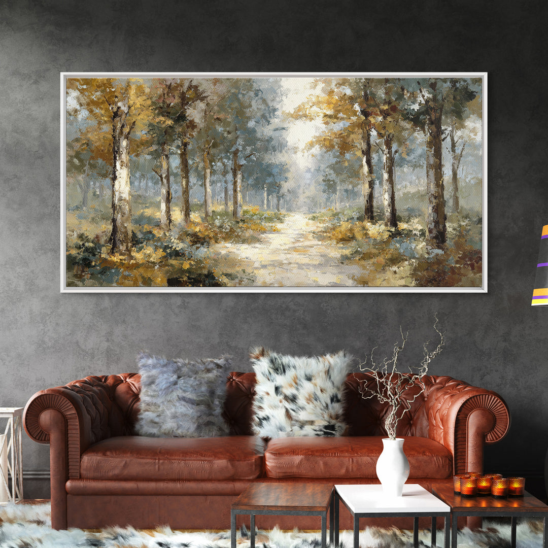 Woodland Path with Golden Autumn Atmosphere Framed Canvas Print, Art, Art Prints, Living Room Decor, Fine Art, ART-2x1-43