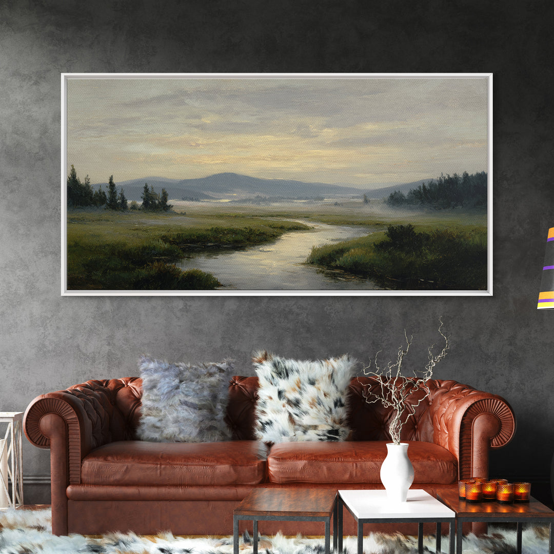 Classic Landscape with Winding River and Atmospheric Canvas Print, Art, Digital Wall Art, Living Room Decor, Fine Art, ART-2x1-47