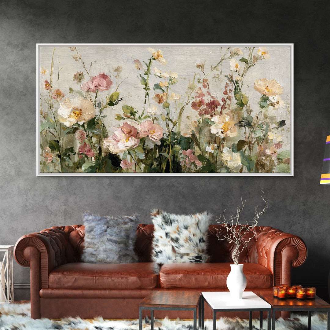Painterly Meadow with Loose Impressionist Flowers Framed Canvas Print, Art, Canvas Art, Living Room Decor, Watercolor Art, ART-2x1-59