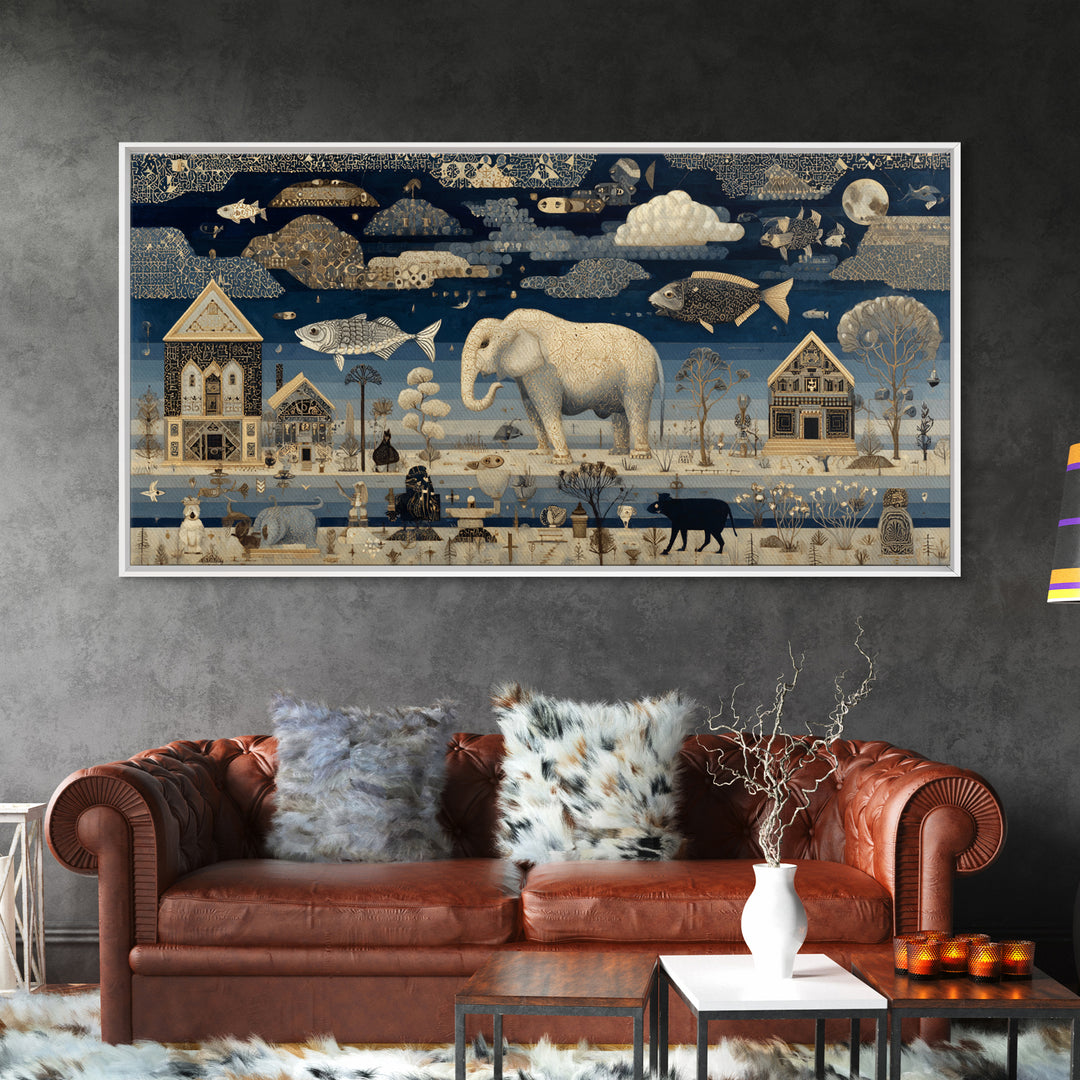 Naive Folk Art Village Canvas Print, Art, Wall Art Prints, Living Room Decor, Fine Art, Ai Art, Textured Wall Art, ART-2x1-64