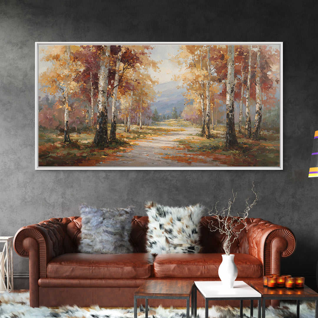 Woodland Path with Golden Autumn Atmosphere Framed Canvas Print, Art, Art Print, Living Room Decor, Fine Art, ART-2x1-91