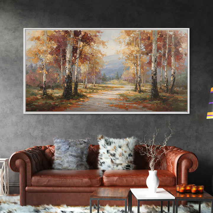 Woodland Path with Golden Autumn Atmosphere Framed Canvas Print, Art, Art Print, Living Room Decor, Fine Art, ART-2x1-91