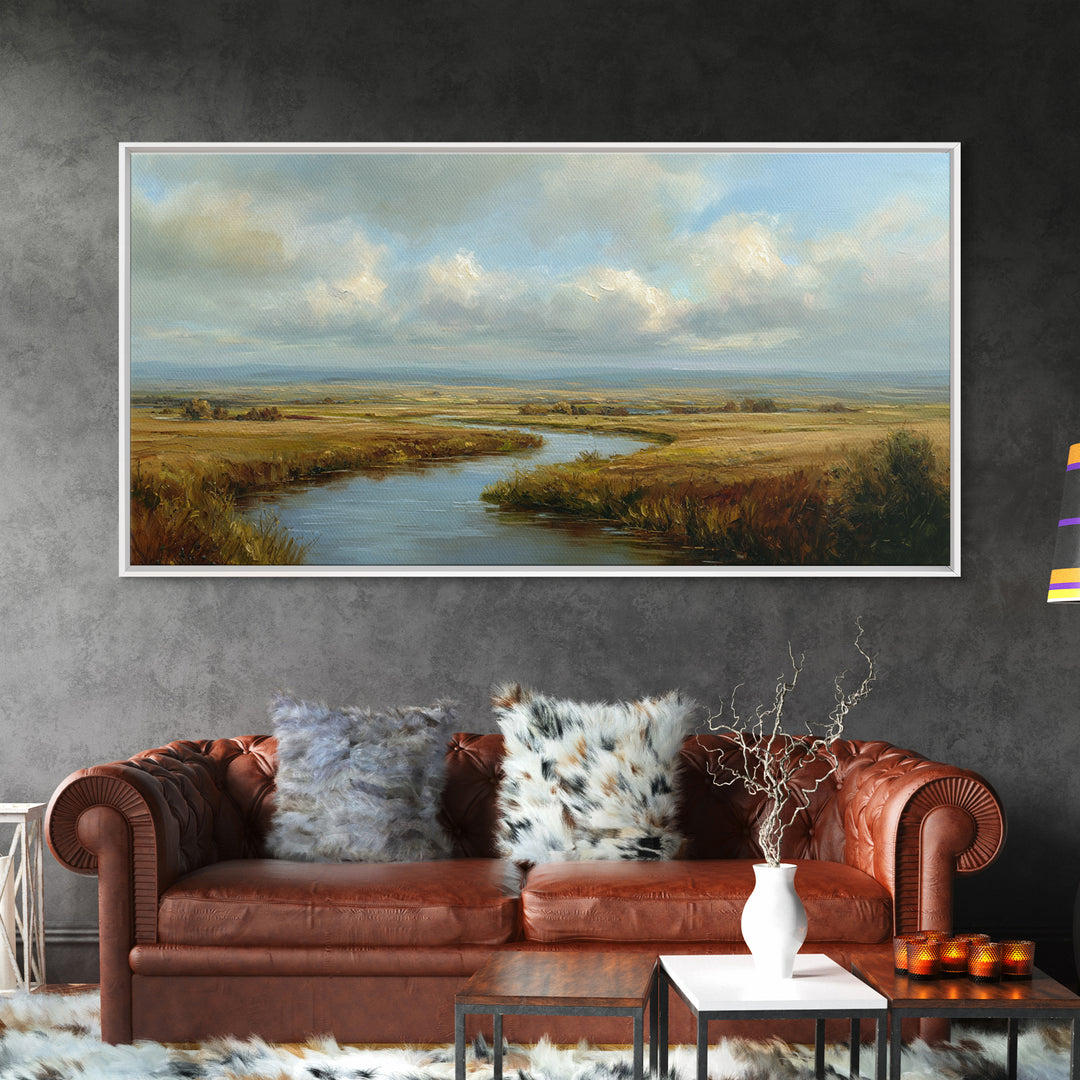 Classic Landscape with Winding River and Atmospheric Canvas Print, Art, Abstract Wall Art, Living Room Decor, ART-2x1-95