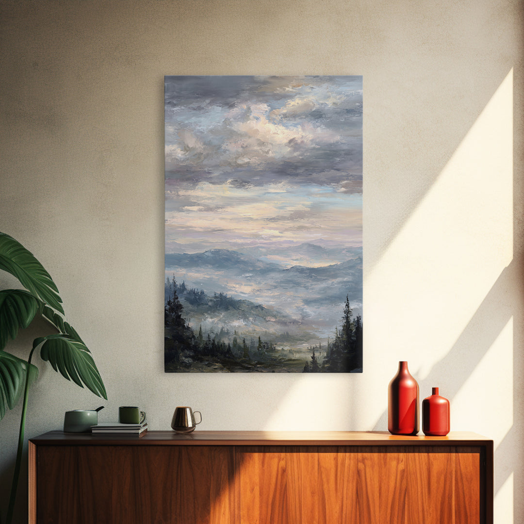 Quiet Mountain Scene Framed Canvas Print, Art, Boho Decor, Living Room Decor, Oil Painting, Printable Wall Art, ART-2x3-25