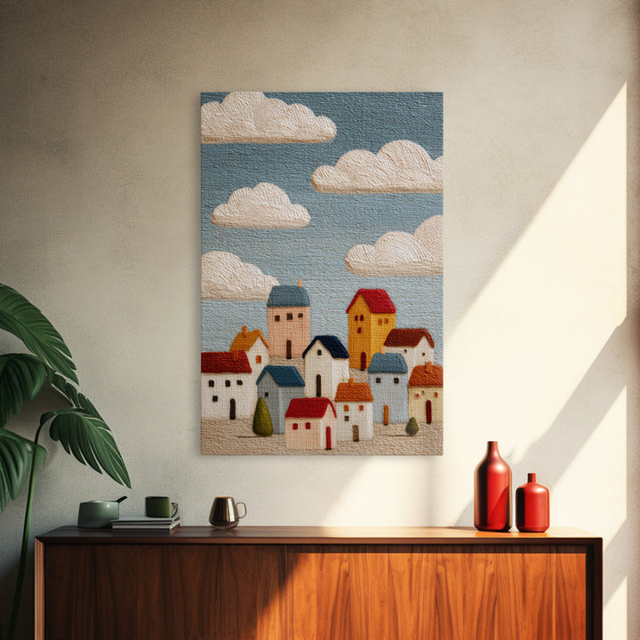 Naive Folk Art Village Framed Canvas Print, Art, Printable Wall Art, Living Room Decor, Fine Art, Canvas Art, ART-2x3-28