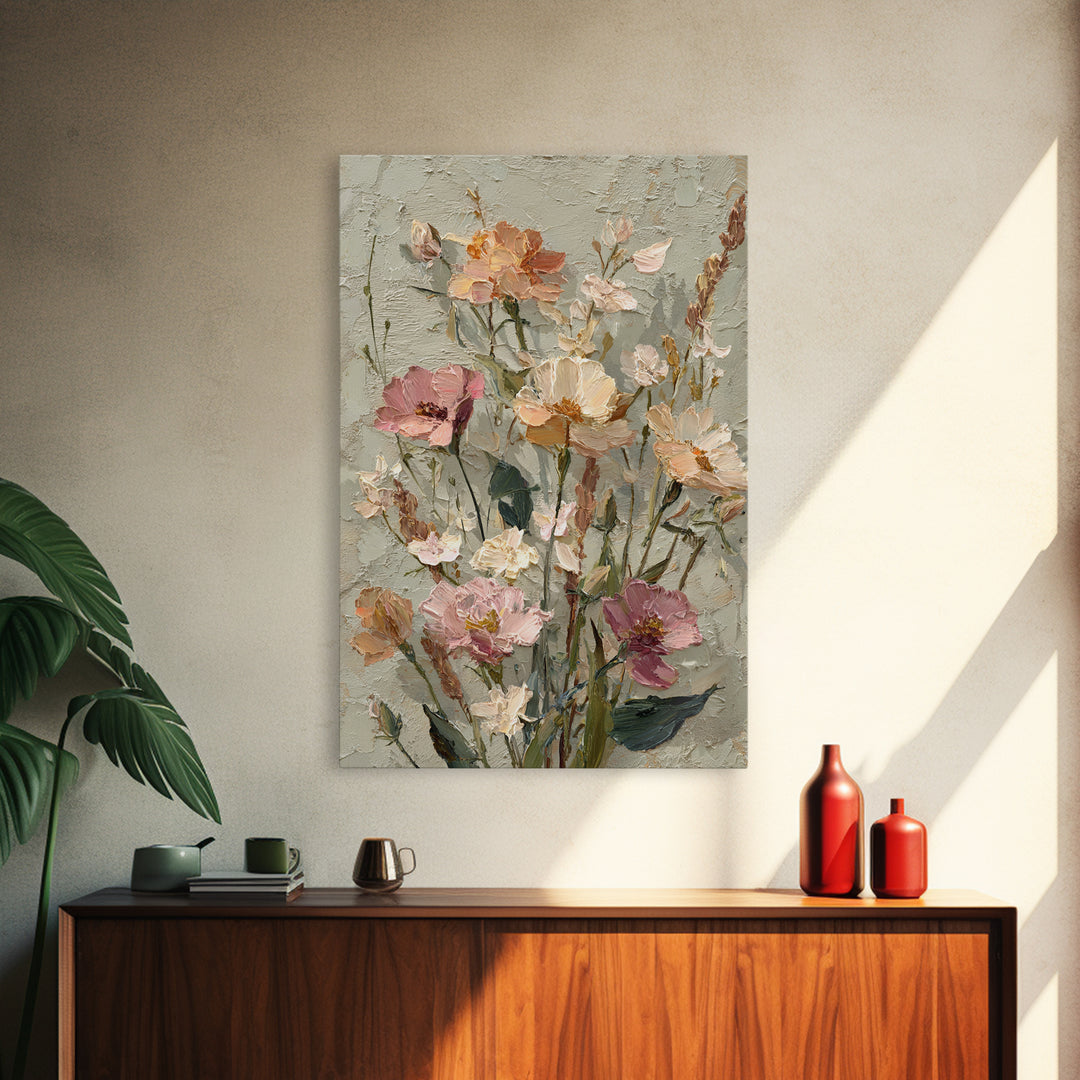Painterly Meadow with Loose Impressionist Flowers Framed Canvas Print, Art, Neutral Decor, Living Room Decor, Fine Art, ART-2x3-47
