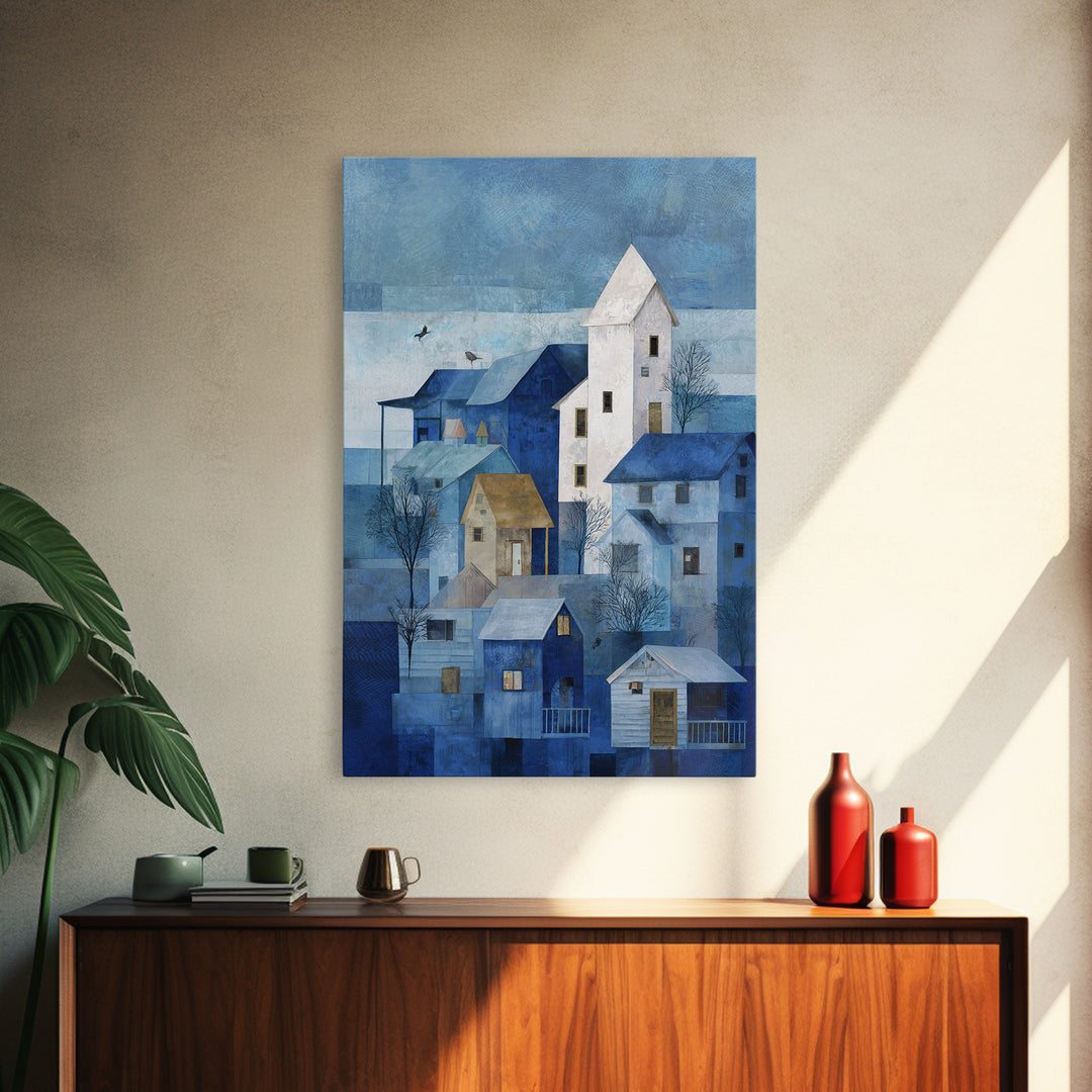 Naive Folk Art Village Framed Canvas Print, Art, Boho Wall Art, Living Room Decor, Fine Art, Textured Painting, ART-2x3-52