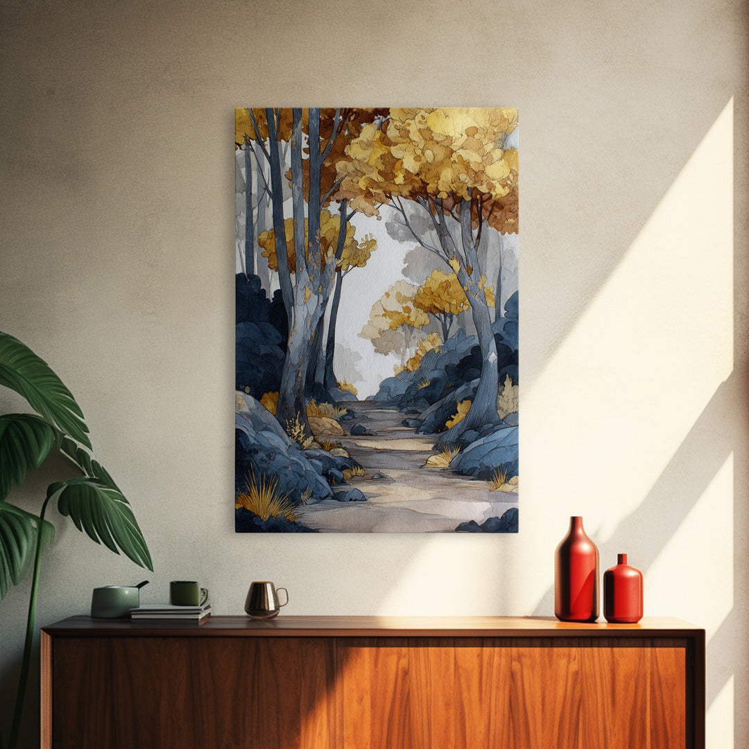 Woodland Path with Golden Autumn Atmosphere Framed Canvas Print, Art, Horizontal Wall Art, Living Room Decor, Fine Art, ART-2x3-55