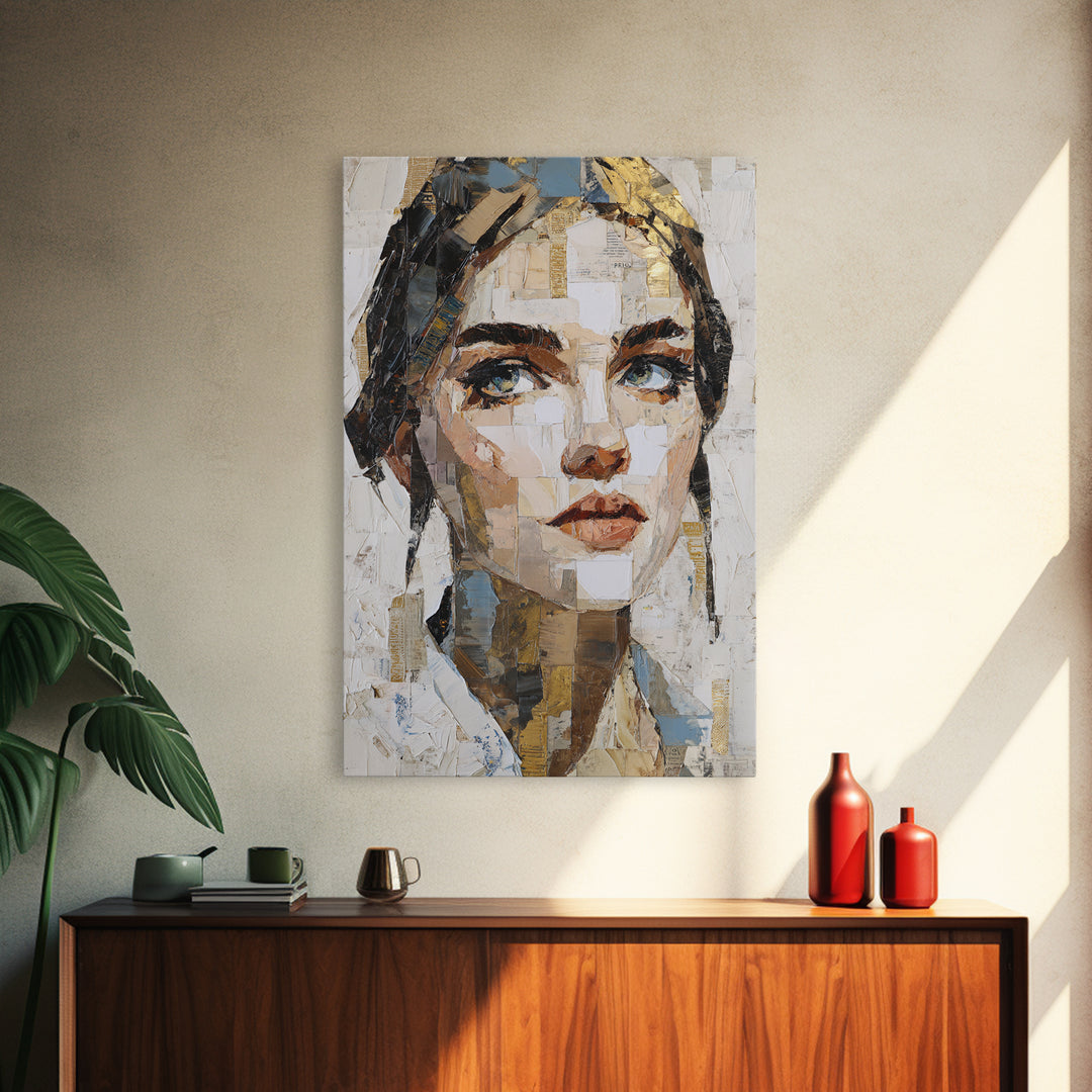 Expressive Portrait with Dramatic Light and Textured Framed Canvas Print, Art, Fine Art Print, Living Room Decor, Oil Painting, ART-2x3-60