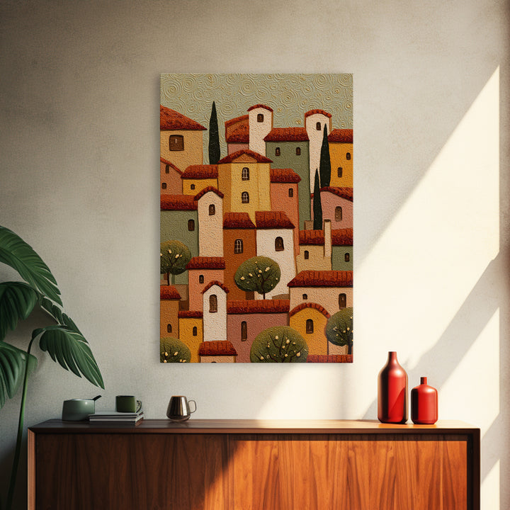 Naive Folk Art Village Framed Canvas Print, Art, Wall Art Prints, Living Room Decor, Fine Art, Ai Art, Textured Wall Art, ART-2x3-76