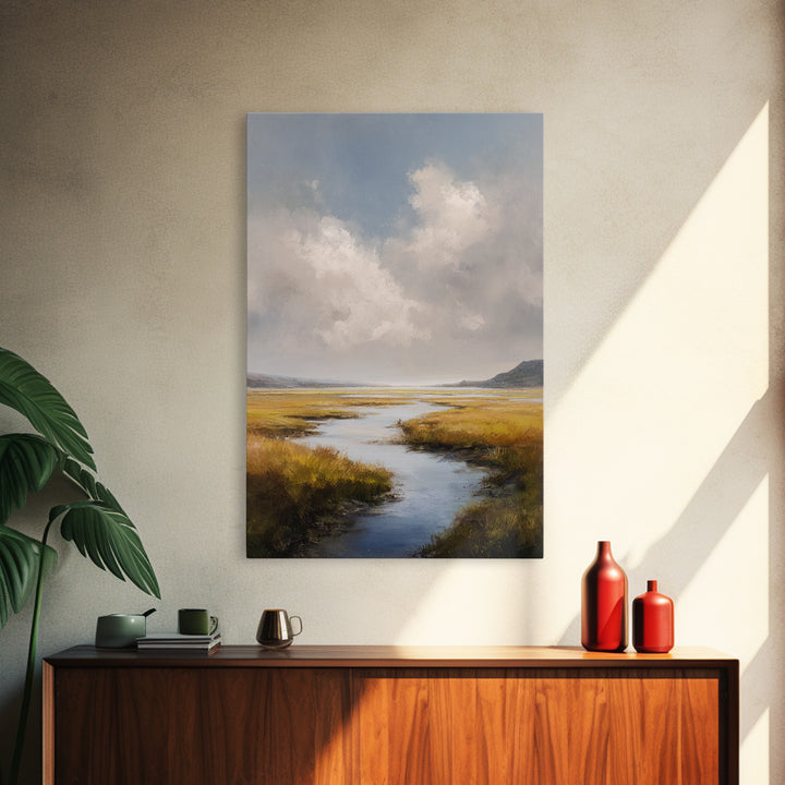 Classic Landscape with Winding River and Atmospheric Framed Canvas Print, Art, Art Print, Living Room Decor, Fine Art, ART-2x3-83