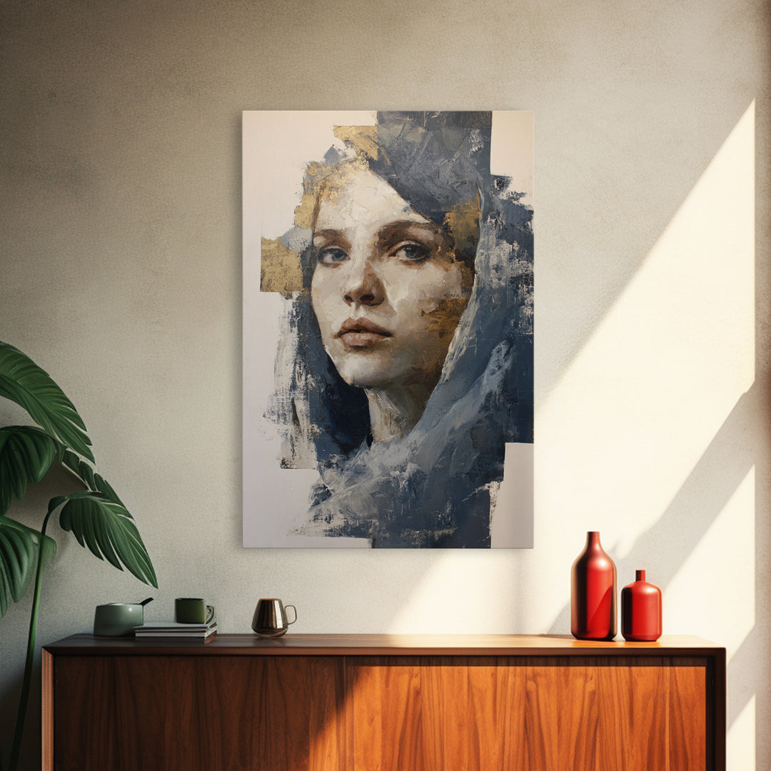 Expressive Portrait with Dramatic Light and Textured Framed Canvas Print, Art, Art Nouveau, Living Room Decor, Fine Art, ART-2x3-84