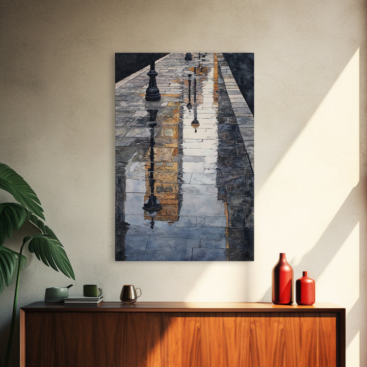 Moody City Scene Reflected Framed Canvas Print, Art, Living Room Decor, Fine Art, Art Nouveau, Framed Wall Art, ART-2x3-90