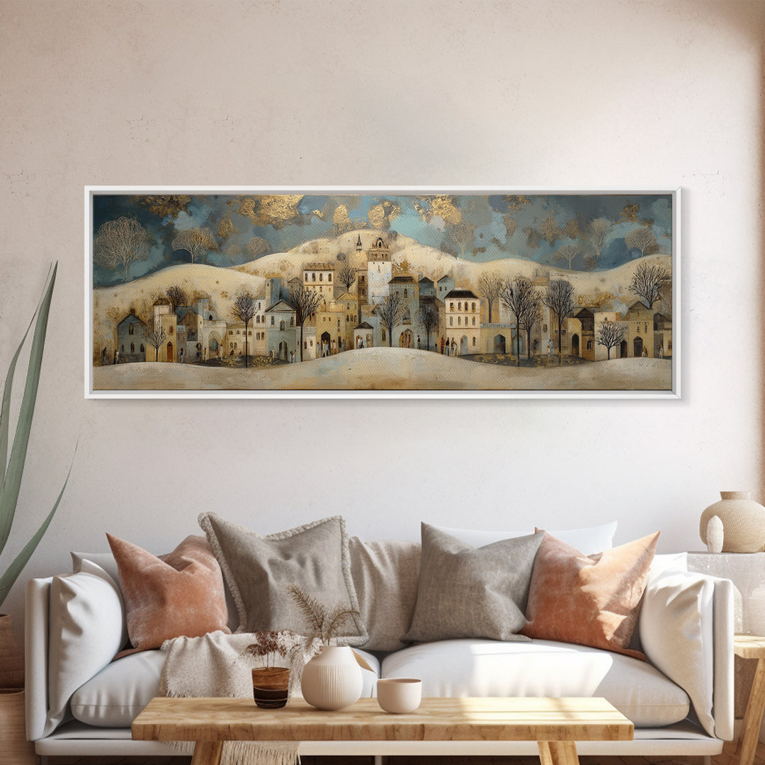 Naive Folk Art Village Framed Canvas Print, Art, Prints Wall Art, Living Room Decor, Fine Art, Fine Art Print, ART-3x1-12