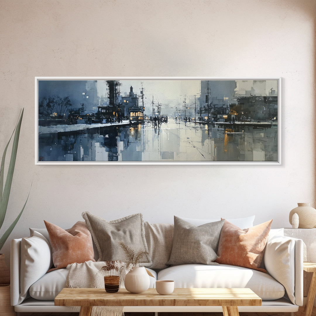Moody City Scene Reflected Framed Canvas Print, Art, Wall Art, Living Room Decor, Fine Art, Original Art, Art Nouveau, ART-3x1-2