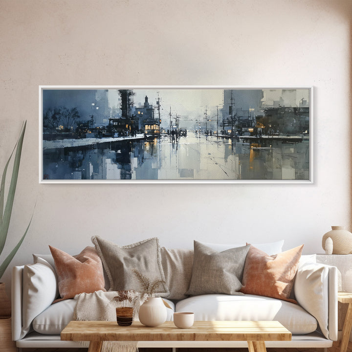 Moody City Scene Reflected Framed Canvas Print, Art, Wall Art, Living Room Decor, Fine Art, Original Art, Art Nouveau, ART-3x1-2