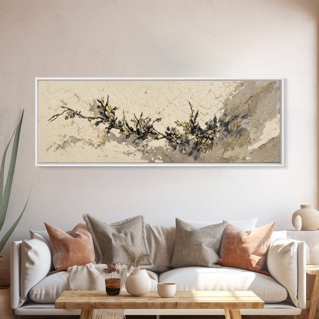 Minimal Botanical Ink Drawing on Handmade Paper Canvas Print, Art, Art Deco, Living Room Decor, Fine Art, Printable Art, ART-3x1-21