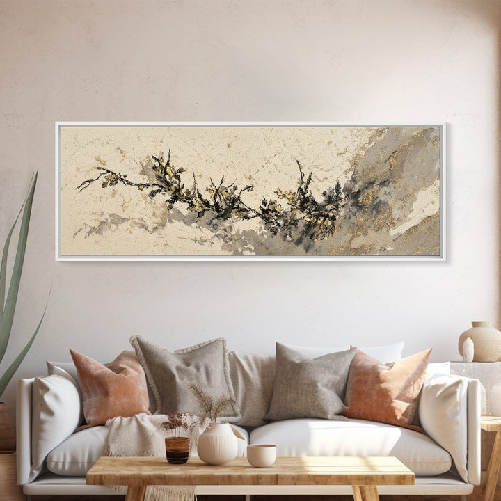 Minimal Botanical Ink Drawing on Handmade Paper Canvas Print, Art, Art Deco, Living Room Decor, Fine Art, Printable Art, ART-3x1-21