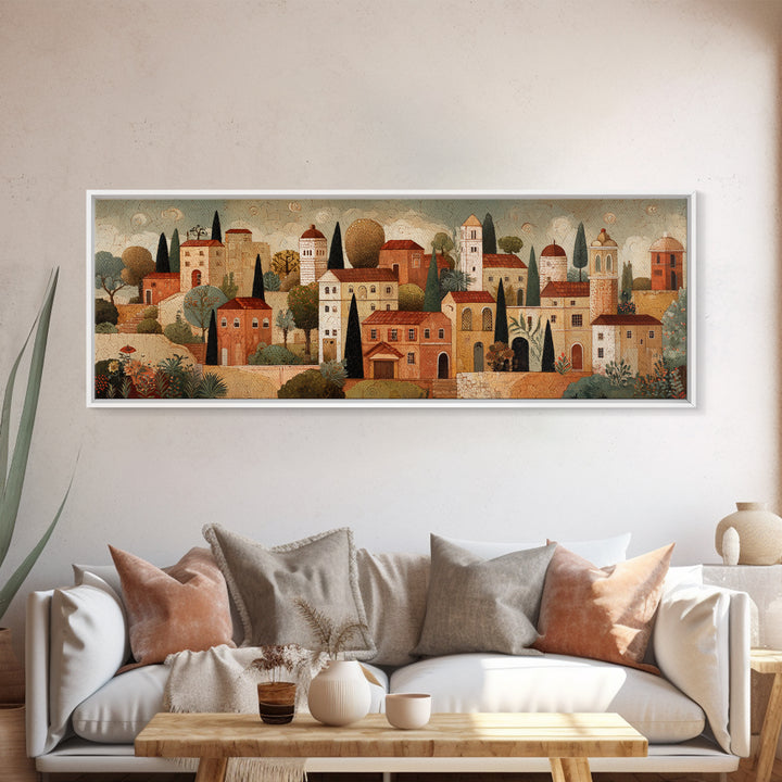 Naive Folk Art Village Framed Canvas Print, Art, Modern Decor, Living Room Decor, Fine Art, Art Prints, Digital Art, ART-3x1-60