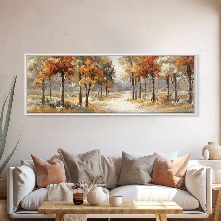 Woodland Path with Golden Autumn Atmosphere Framed Canvas Print, Art, Statement Artwork, Living Room Decor, Fine Art, ART-3x1-63
