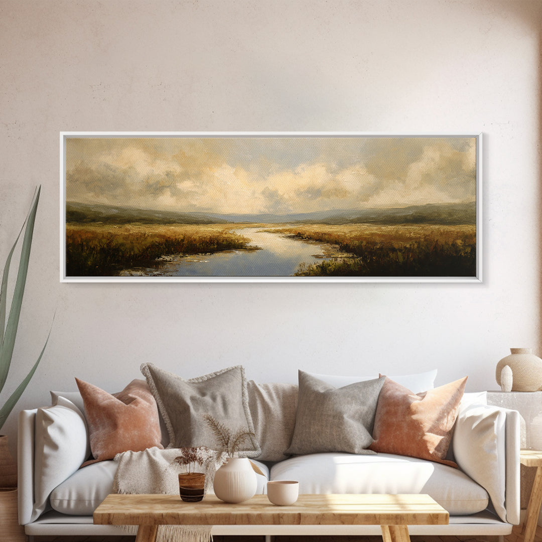 Classic Landscape with Winding River and Atmospheric Framed Canvas Print, Art, Digital Art, Living Room Decor, Fine Art, ART-3x1-67