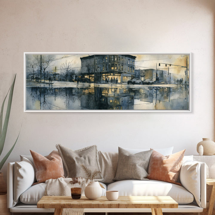 Moody City Scene Reflected Framed Canvas Print, Art, Art Deco, Living Room Decor, Oil Painting, Printable Art, ART-3x1-74