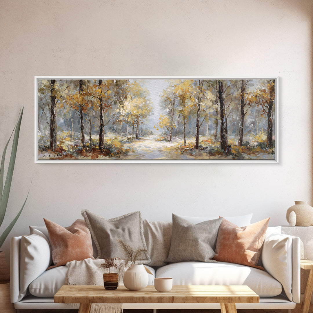 Woodland Path with Golden Autumn Atmosphere Framed Canvas Print, Art, Art Print, Living Room Decor, Fine Art, ART-3x1-87