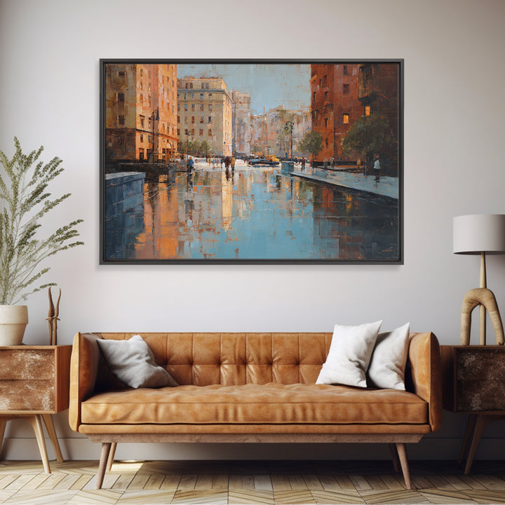 Moody City Scene Reflected Framed Canvas Print, Art, Living Room Decor, Fine Art, Art Nouveau, Framed Wall Art, ART-3x2-14