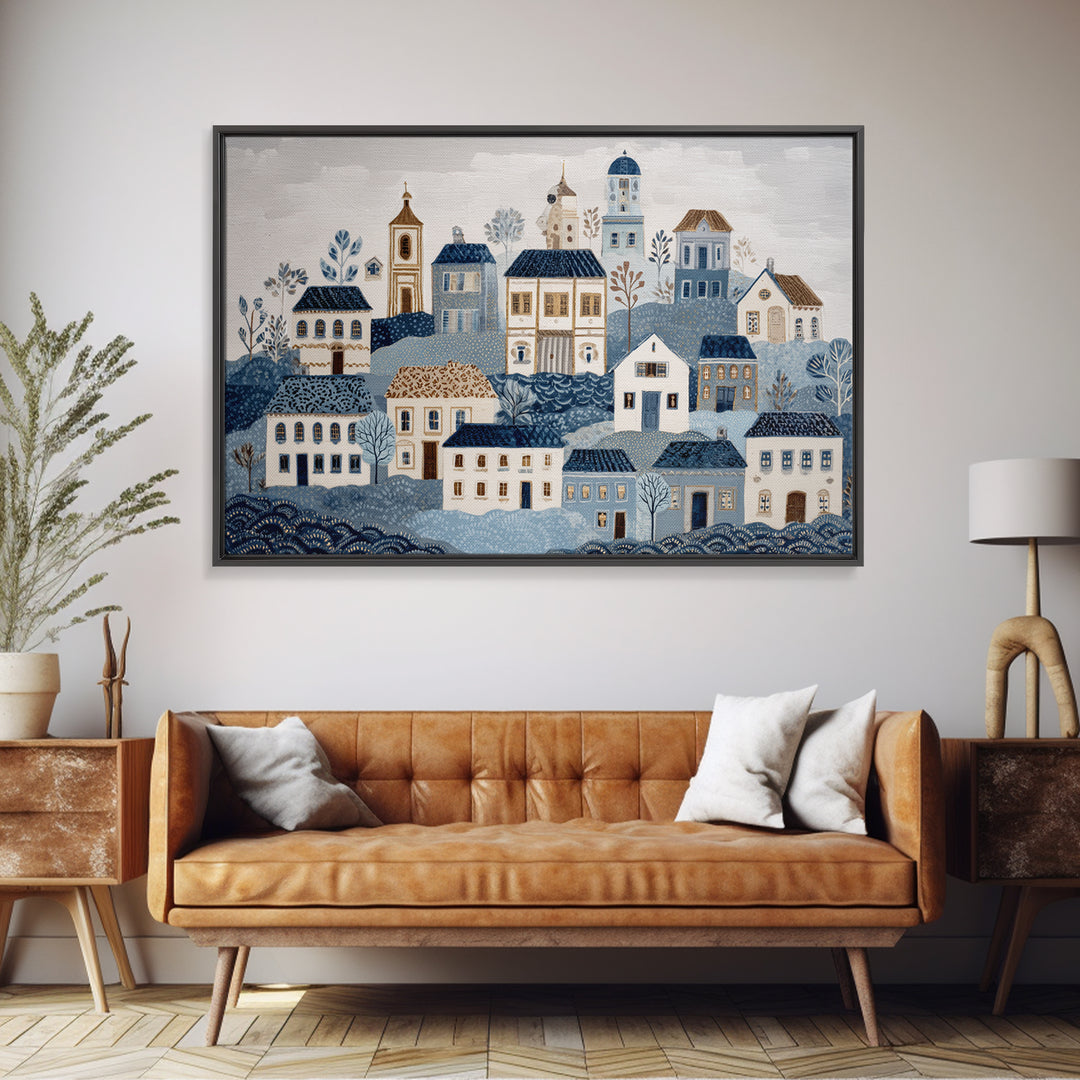 Naive Folk Art Village Framed Canvas Print, Art, Wall Art Prints, Living Room Decor, Fine Art, Ai Art, Textured Wall Art, ART-3x2-24