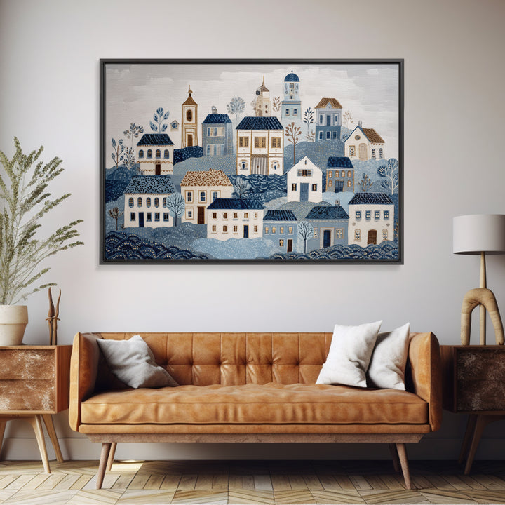 Naive Folk Art Village Framed Canvas Print, Art, Wall Art Prints, Living Room Decor, Fine Art, Ai Art, Textured Wall Art, ART-3x2-24