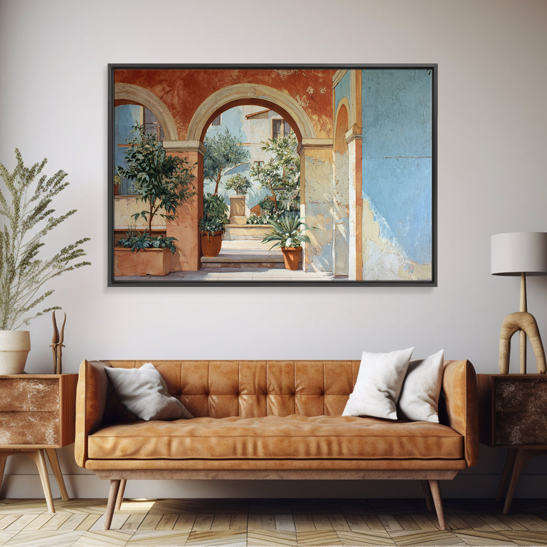 Architectural Archway in Warm Mediterranean Light Framed Canvas Print, Art, Wall Art for Mom, Living Room Decor, Oil Painting, ART-3x2-50
