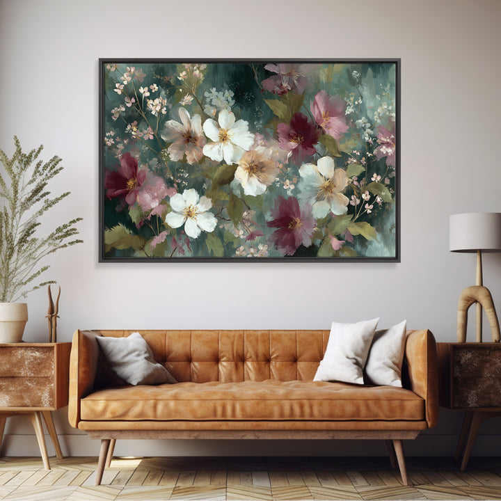 Painterly Meadow with Loose Impressionist Flowers Canvas Print, Art, Pink Wall Art, Living Room Decor, Watercolor Art, ART-3x2-67