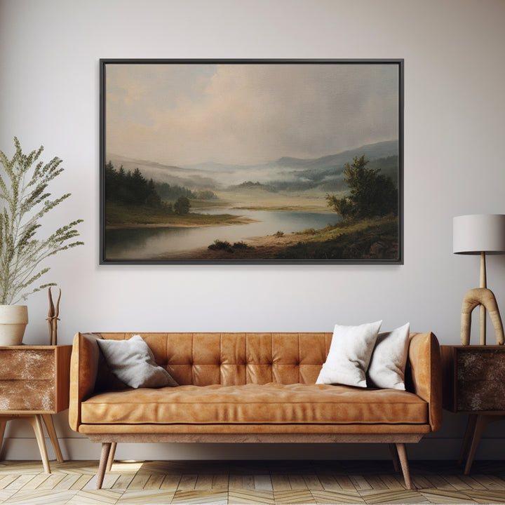 Classic Landscape with Winding River and Atmospheric Framed Canvas Print, Art, Framed Wall Art, Living Room Decor, Fine Art, ART-3x2-79