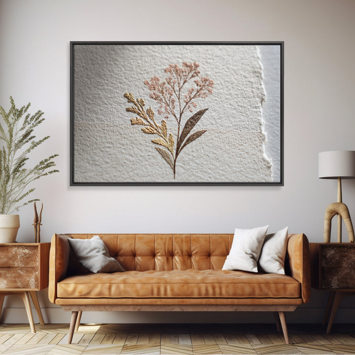 Minimal Botanical Ink Drawing on Handmade Paper Framed Canvas Print, Art, Ai Art, Living Room Decor, Watercolor Art, ART-3x2-81