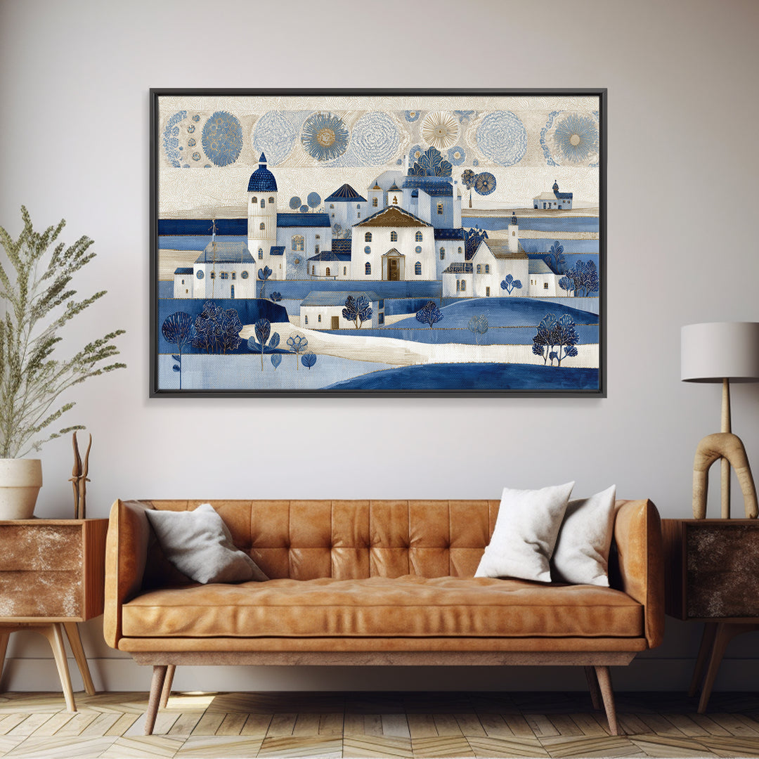 Naive Folk Art Village Framed Canvas Print, Art, Pink Wall Art, Living Room Decor, Fine Art, Textured Painting, ART-3x2-96