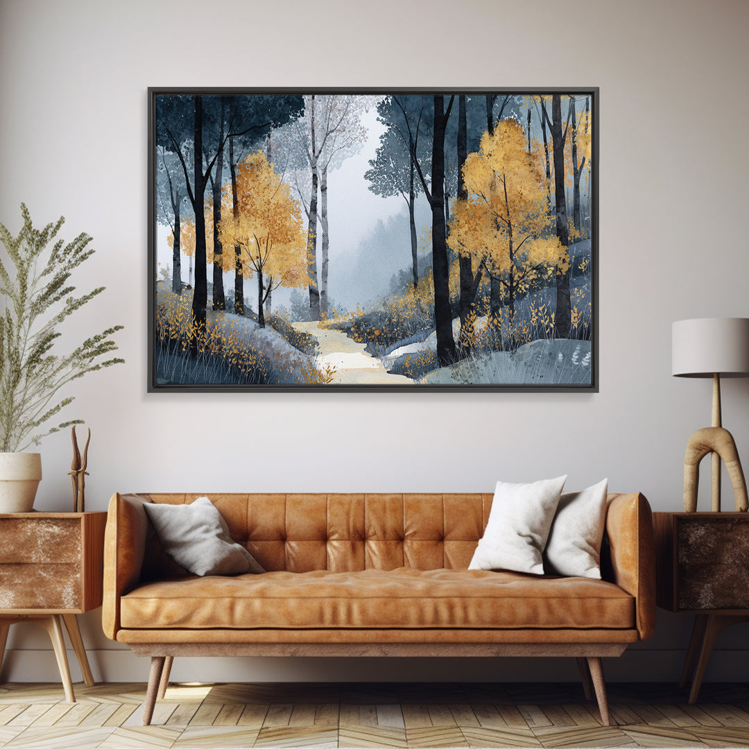 Woodland Path with Golden Autumn Atmosphere Framed Canvas Print, Art, Home Decor, Living Room Decor, Fine Art, ART-3x2-99