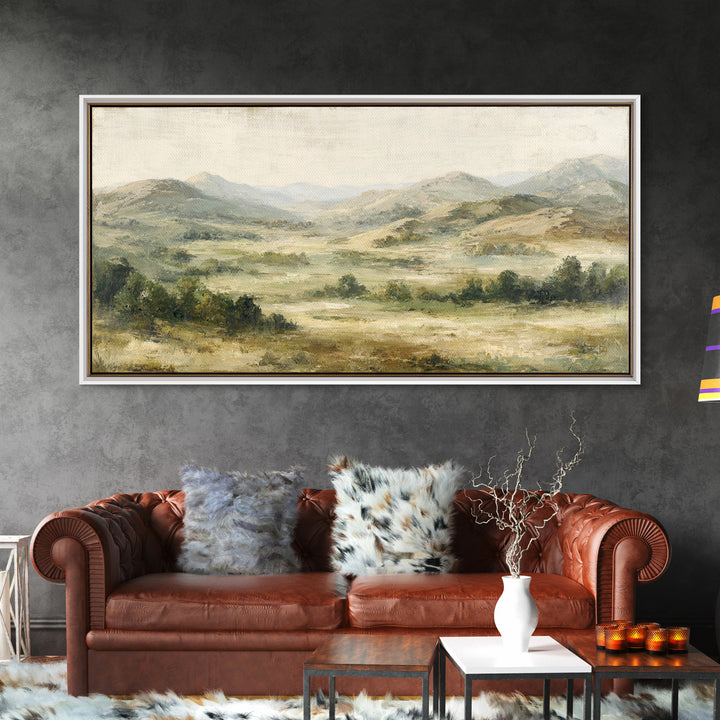 Sunlit Rolling Hills Framed Canvas Print, Above Sofa Art, Boho Decor, Living Room Decor, Fine Art, Statement, Large Wall Art, ASA-2x1-13