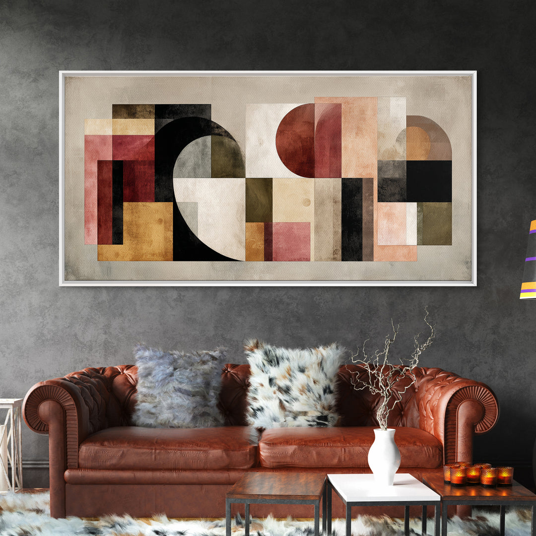Bold Mid Century Geometric Forms Framed Canvas Print, Above Sofa Art, Textured Painting, Living Room Decor, Fine Art, Statement, ASA-2x1-24