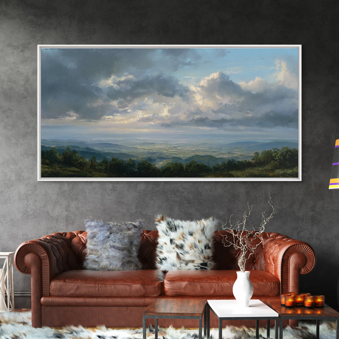 Dramatic Cloudscape over a Distant Valley Framed Canvas Print, Above Sofa Art, Living Room Decor, Oil Painting, Statement, ASA-2x1-25