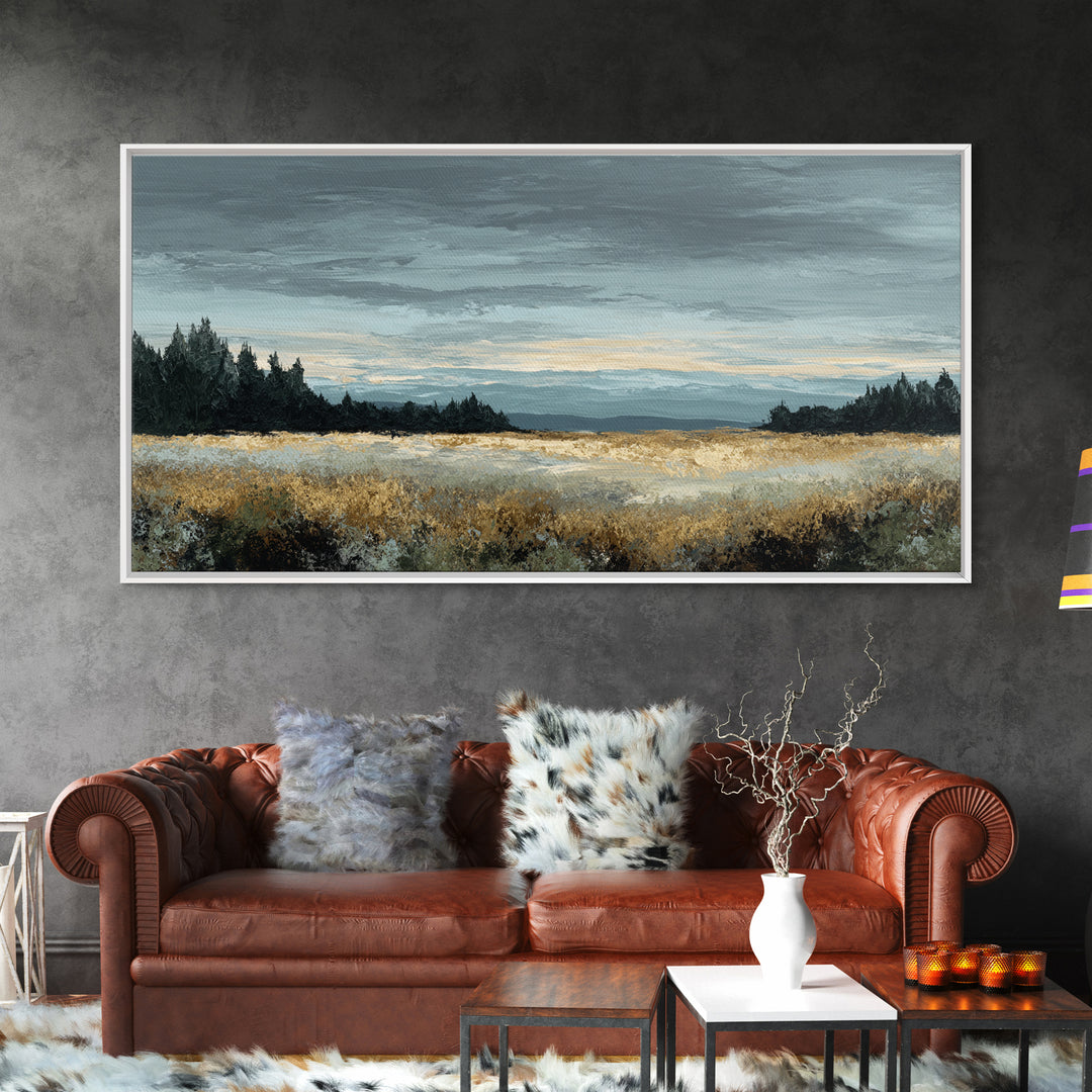 Wide Olive and Beige Meadow Panorama Framed Canvas Print, Above Sofa Art, Modern Decor, Living Room Decor, Oil Painting, ASA-2x1-30
