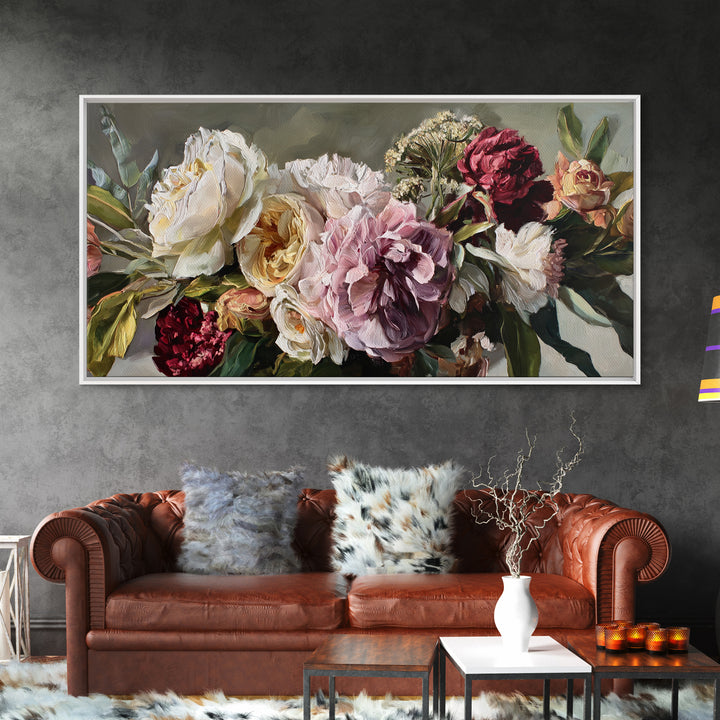 Large Expressive Floral Bouquet Framed Canvas Print, Above Sofa Art, Luxury Decor, Living Room Decor, Oil Painting, Statement, ASA-2x1-50