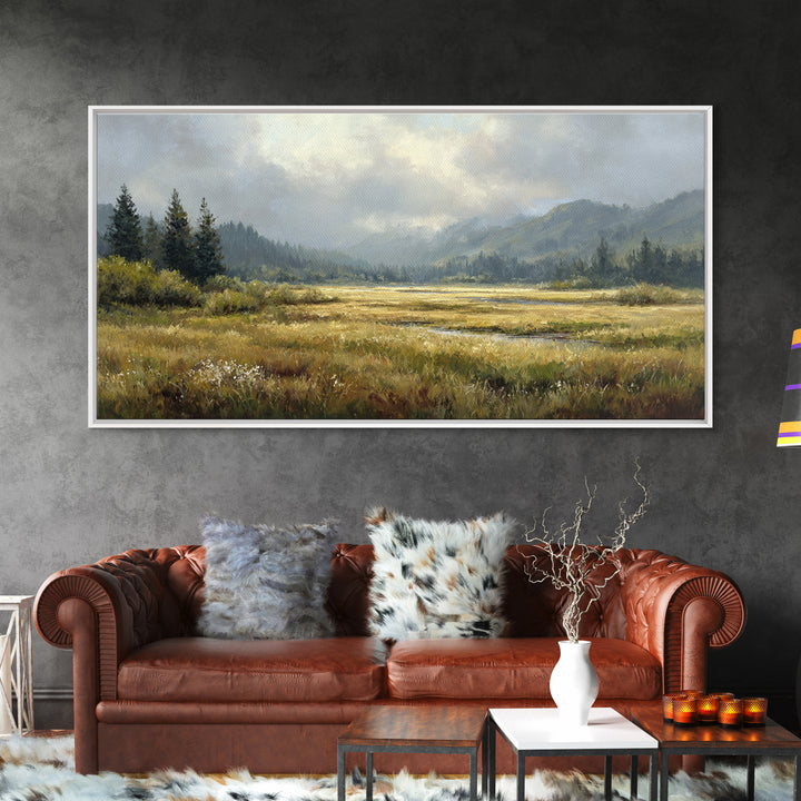 Wide Olive and Beige Meadow Panorama Framed Canvas Print, Above Sofa Art, Modern Decor, Living Room Decor, Oil Painting, ASA-2x1-6