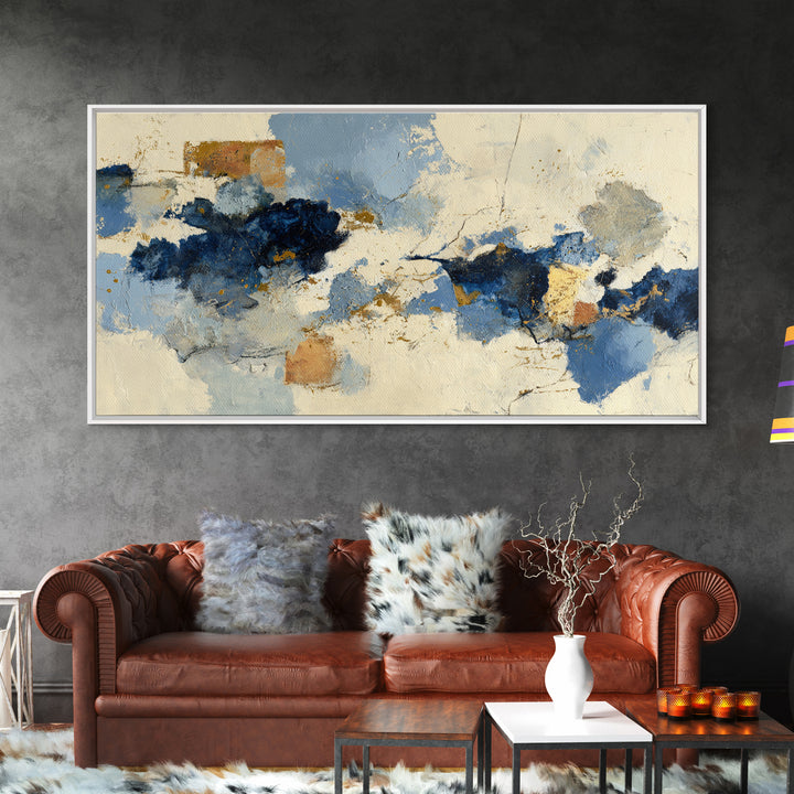 Bold Navy and Ivory Abstract Brushwork Canvas Print, Above Sofa Art, Statement Artwork, Living Room Decor, Abstract Art, ASA-2x1-62